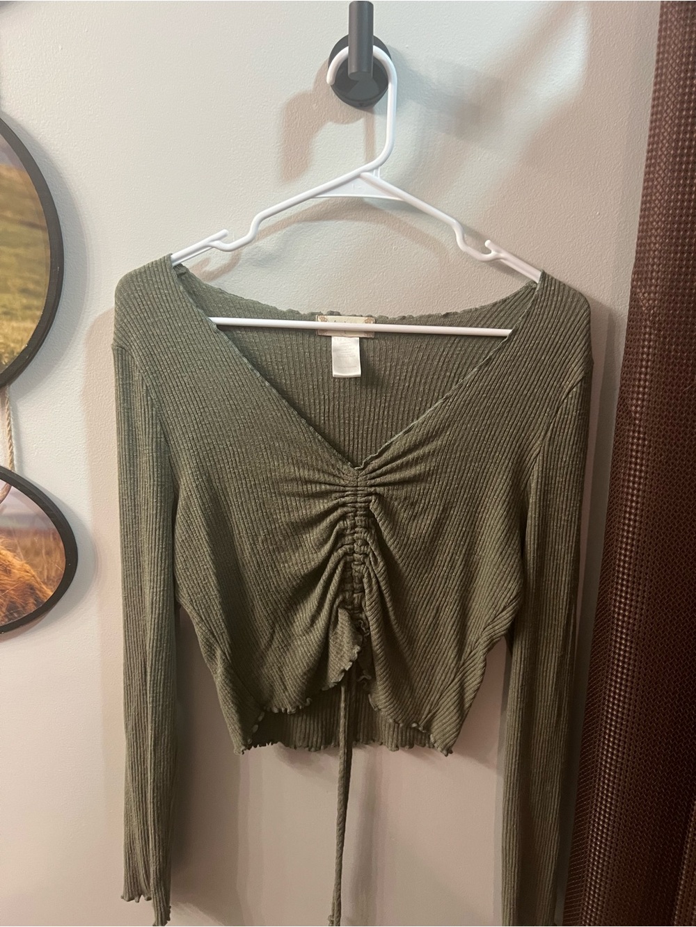 Altar'd State Olive Green Ribbed Ruched V-Neck Crop Top